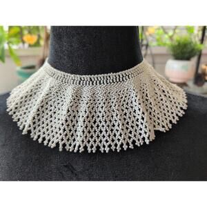 African Beaded Ceremonial Collar Necklace White Fringe Tribal Statement
